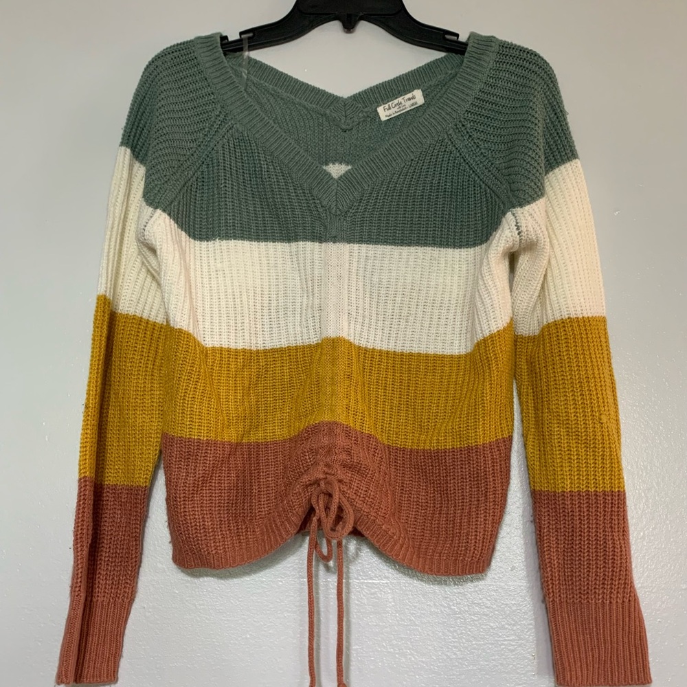 V-Neck Striped Sweater in Green, White, Yellow, and Brown